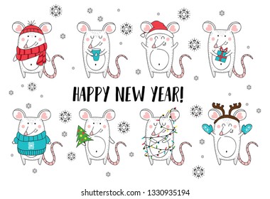 New year and Christmas rat characters.Christmas animals simple illustration for greeting cards, calendars, prints etc. Hand draw mouse for Christmas design. Vector illustration