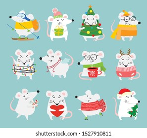 New year and Christmas rat set - symbol of the year. Simple illustration for the greeting cards