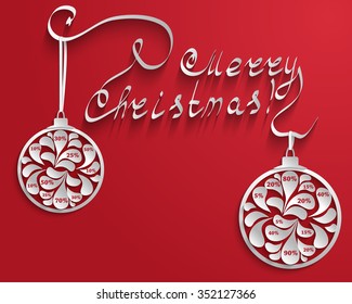 New Year or Christmas red background with an inscription and Christmas balls with numbers percent discount for sales. Vector illustration.