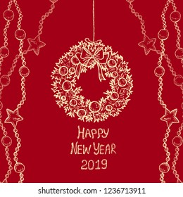 New Year And Christmas - red card with hand-drawn elements