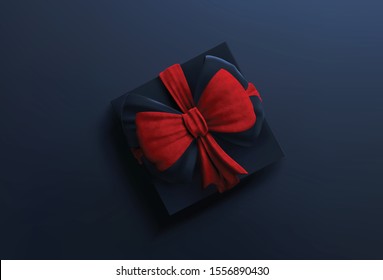 New year christmas red gift box with red ribbon and bow - top view vector illustration. Valentine's present box on black background. Good for seasonal advertising poster banner flyer design
