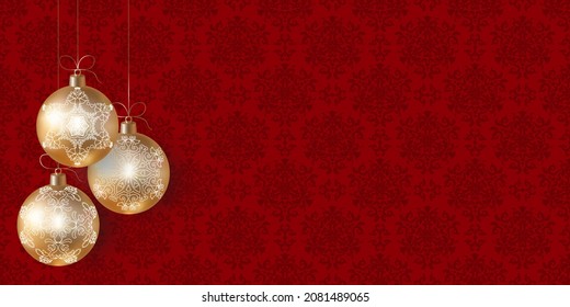 New Year or Christmas red patterned background with gold realistic Christmas tree balls and space for text. Background with Christmas toys. Red and gold color. Vector. Modern background design.