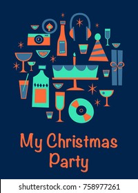 New Year or Christmas Retro Party cartoon illustration. Invitation card design. Greeting Card. Set of party items: glassses, disk, wine, champaigne, photo, presents, gifts, cake. Vector illustration.