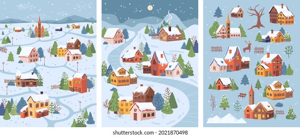 New Year Christmas rural village scenery, cottages, rivers and trees in snow, flat cartoon design. Vector lake and starry sky, houses with fence, pathways and rural church, countryside set