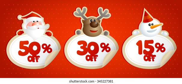 New year or christmas sale coupons, stickers with 50 percents, 30 percents and 15 percents discounts.