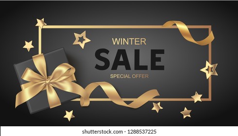 New Year or Christmas Sale design template. Vector illustration. Black background with decorative gift box and golden stars