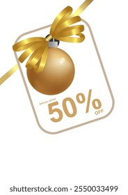 New Year and Christmas sale design template. Decorative gold bow with diagonal golden ribbon, golden Christmas ball and with price tag isolated on white. Vector stock illustration. Winter. Template 