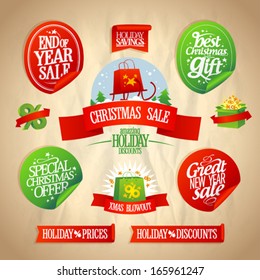 New year and Christmas sale designs and stickers collection in retro style.  Eps10.