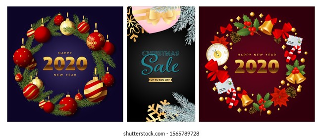 New Year and Christmas Sale posters set with hanging baubles, wreathes, gift, clock, mistletoe, poinsettia. Vector illustration for advertising flyers, party invitation, banner design