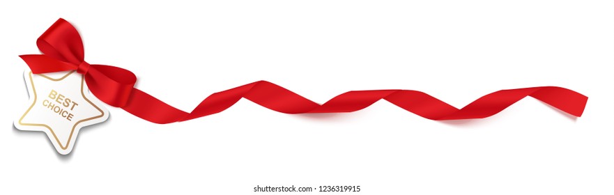 New Year or Christmas Sale tag with red long ribbon and bow isolated on white background. Vector illustration. Holiday decoration