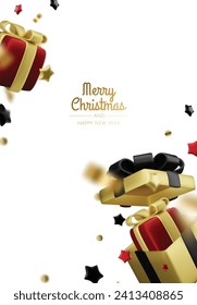 New Year or Christmas sales design template. Vector illustration. Winter background with decorative gift box and gold stars