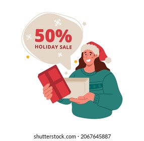 New Year and Christmas sale.Woman in sweater and Santa hat opens present. Gift contains coupon for discount.Vector flat illustration of cartoon girl isolated on white background.