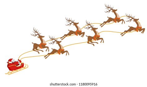 New Year. Christmas. Santa Claus on a sleigh harnessed by six deer. In color. Vector illustration