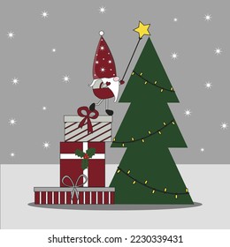 New Year. Christmas. santa claus elf stands on a pile of New Year gifts and wears a yellow star on top of a Christmas tree with a garland of lanterns 