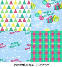 New Year. Christmas. Seamless background. Set. Christmas trees, toys, gift. Vector.