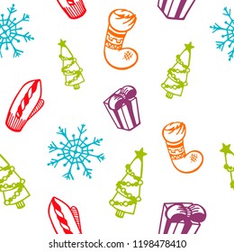 New year and christmas seamless pattern. Snowflakes, gifts, spruce, mitten, sock. Winter vector illustration. Festive, holiday background.
