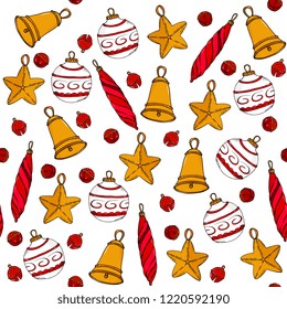 new year and christmas seamless pattern Christmas decorations bell,ball, star, icicle on a white background.   template for greeting cards, party invitations, posters,stickers,wrapping
