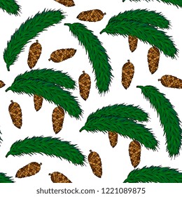 new year and christmas seamless pattern fir branches and cones on a white background.  template for greeting cards, party invitations, posters, stickers,scrapbooking, t-shirt design.  hand drawn 