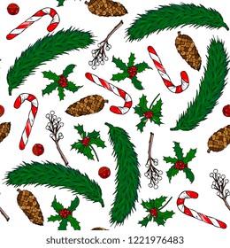new year and christmas seamless pattern spruce branch, cone. sweet cane, mistletoe, holly on a bright white background.  template for greeting cards, party invitations, posters, stickers, pin,