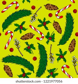 new year and christmas seamless pattern spruce branch, cone. sweet cane, mistletoe, holly on a bright yellow background.  template for greeting cards, party invitations, posters, stickers, pin, 