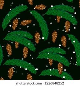 new year and christmas seamless pattern fir branches and cones on a black background.  template for greeting cards, party invitations, posters, stickers, pin, scrapbooking, t-shirt design.  hand drawn