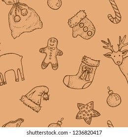 New Year And Christmas - seamless pattern with hand-drawn elements