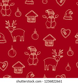 New Year And Christmas - seamless pattern with hand-drawn elements on the red background