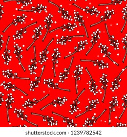 New Year and Christmas seamless pattern with mistletoe branches and snowflakes on red background.background for the winter cards, paper wrapper and other objects.Hand drawing vector illustration
