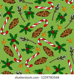 New Year and Christmas seamless pattern with  cone, sweet cane, mistletoe, holly. template for greeting cards,  invitations, posters, stickers, pin, scrapbooking, t-shirt design, winter  paper wrapper