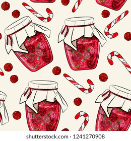 New Year, Christmas seamless pattern with winter sweets. Raspberry jam in a glass jar and a sweet cane with Christmas bells. background for Festive cards, paper wrapper and other objects. Hand drawing