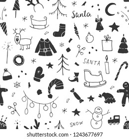 New Year and Christmas seamless pattern, hand drawn doodles Seamless Pattern. Background Vector Illustration.