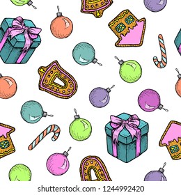 New Year And Christmas - seamless pattern with hand-drawn Christmas decoration