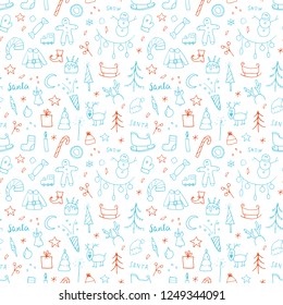 New Year and Christmas seamless pattern, hand drawn doodles Seamless Pattern. Background Vector Illustration.