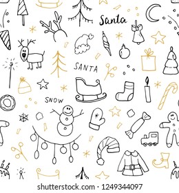 New Year and Christmas seamless pattern, hand drawn doodles Seamless Pattern. Background Vector Illustration.
