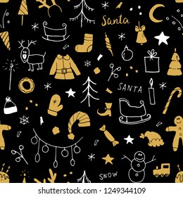 New Year and Christmas seamless pattern, hand drawn doodles Seamless Pattern. Background Vector Illustration.