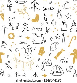 New Year and Christmas seamless pattern, hand drawn doodles Seamless Pattern. Background Vector Illustration.