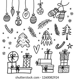 New Year and Christmas seamless pattern. Hand drawn Christmas doodles set. Background Vector Illustration. - Vector