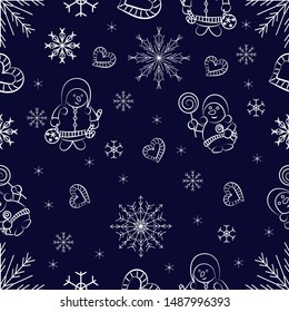 
New Year and Christmas. Seamless pattern. White snowflakes and snowmen on a dark blue background. Vector illustration.