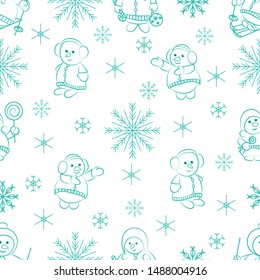 
New Year and Christmas. Seamless pattern. Blue snowflakes and snowmen on a white background. Vector illustration.
