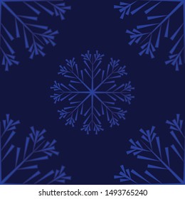 
New Year and Christmas seamless pattern. On a dark blue background, two-color snowflakes of blue and dark blue colors. Vector illustration.