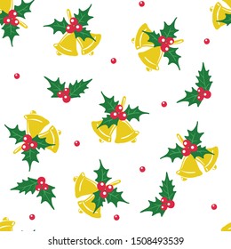 New Year or Christmas Seamless pattern with bells and mistletoe isolated on white background. Design element for fabric, textile, wallpaper, scrapbooking.
