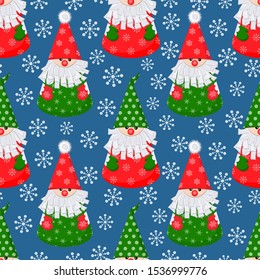 New Year, Christmas seamless pattern with paper doll Santa Claus on a blue background with snowflakes