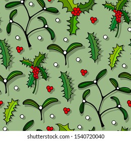 New Year, Christmas seamless pattern.  holly, mistletoe. eps 10 vector illustration.  hand drawing