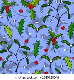 New Year, Christmas seamless pattern.  holly, mistletoe. eps 10 vector illustration.  hand drawing