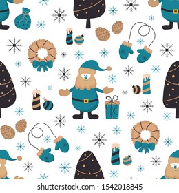 New Year, Christmas seamless pattern with Santa Claus and new year elements.