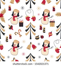 New Year, Christmas seamless pattern with a snowman and Christmas elements in golden red colors