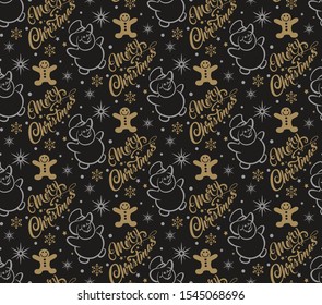 New Year and Christmas seamless pattern. Lettering Merry Christmas. Snowman and tiys. Great for New Year cards, poster, banners, invitations. Color in the image: black, gold. Vector.