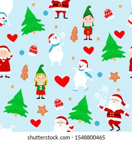 New Year and Christmas seamless pattern. Santa Claus, Mrs. Santa, elves, snowmen, Christmas trees, mittens and gingerbread cookies in cartoon style. Vector endless illustration on a blue background.