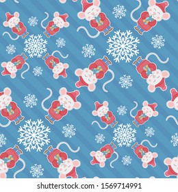 New Year or Christmas seamless pattern with cartoon mouse and snowflakes. On a blue striped background. Wrapping paper.