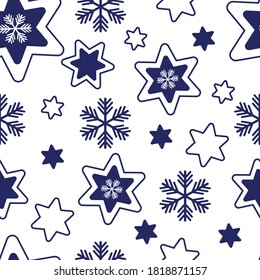 New Year and Christmas seamless pattern. Stars and snowflakes in traditional style with no background. Festive decor element. Vector illustration.